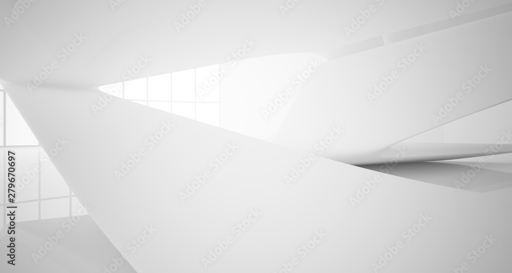 Abstract architectural white smooth interior of a minimalist house with large windows.. 3D illustration and rendering. Abstract architectural white smooth interior of a minimalist house with large windows.. 3D illustration and rendering.