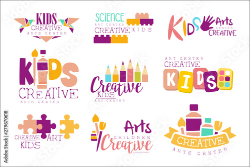 Kids Creative And Science Class Template Promotional Logo Set With Symbols Of Art Creativity, Painting Origami