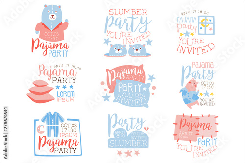 Pink And Blue Girly Pajama Party Invitation Templates Set Inviting Kids For The Slumber Pyjama Overnight Sleepover Cards