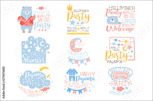 Blue And Pink Girly Pajama Party Invitation Templates Set Inviting Kids For The Slumber Pyjama Overnight Sleepover Cards
