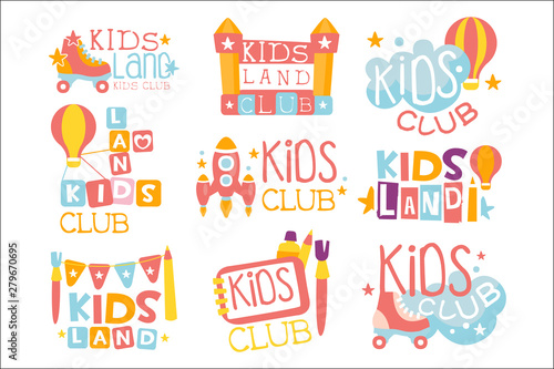 Kids Land Playground And Entertainment Club Set Of Colorful Promo Signs For The Playing Space Children