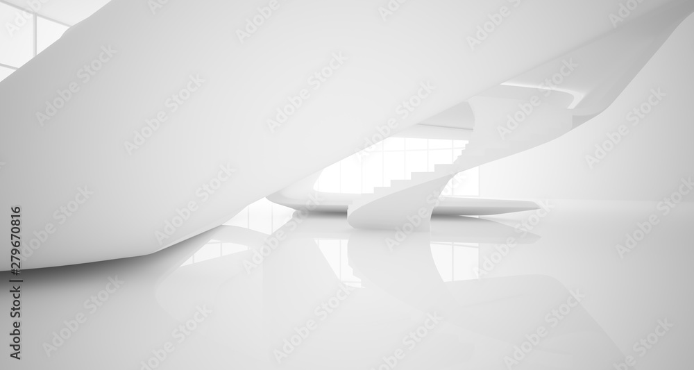 Abstract architectural white smooth interior of a minimalist house with large windows.. 3D illustration and rendering. Abstract architectural white smooth interior of a minimalist house with large windows.. 3D illustration and rendering.