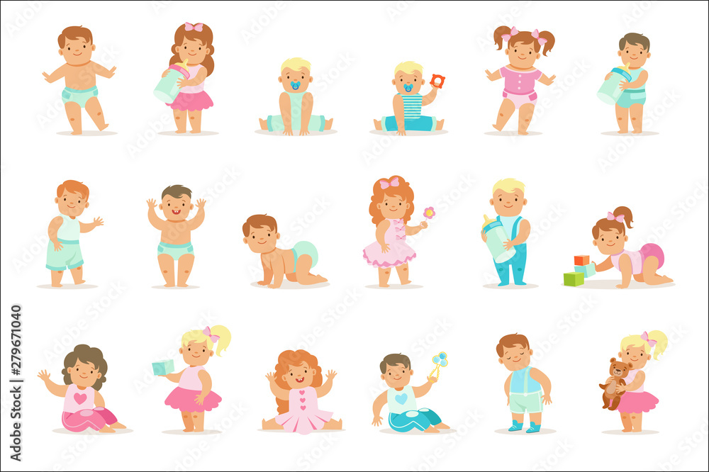 Adorable Smiling Babies And Toddlers In Blue And Pink Outfits Doing First Steps, Crawling And Playing Set Of Illustrations