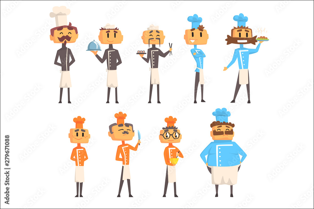 Restaurant Chef Cooks Set Of Man Cartoon Characters In Classic Double Breasted Jacket And Hat Restaurant Chef Cooks Set Of Man Cartoon Characters In Classic Double Breasted Jacket And Hat
