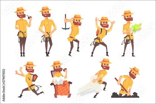 Adventurer Archeologist In Safari Suit With A Whip Set Of Activity Illustrations