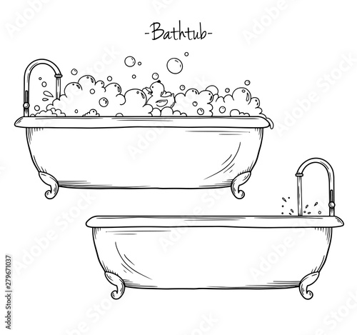 Sketch bath foam and rubber duck. Vector illustration in sketch style