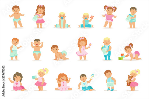 Adorable Smiling Babies And Toddlers In Blue And Pink Outfits Doing First Steps, Crawling And Playing Set Of Illustrations