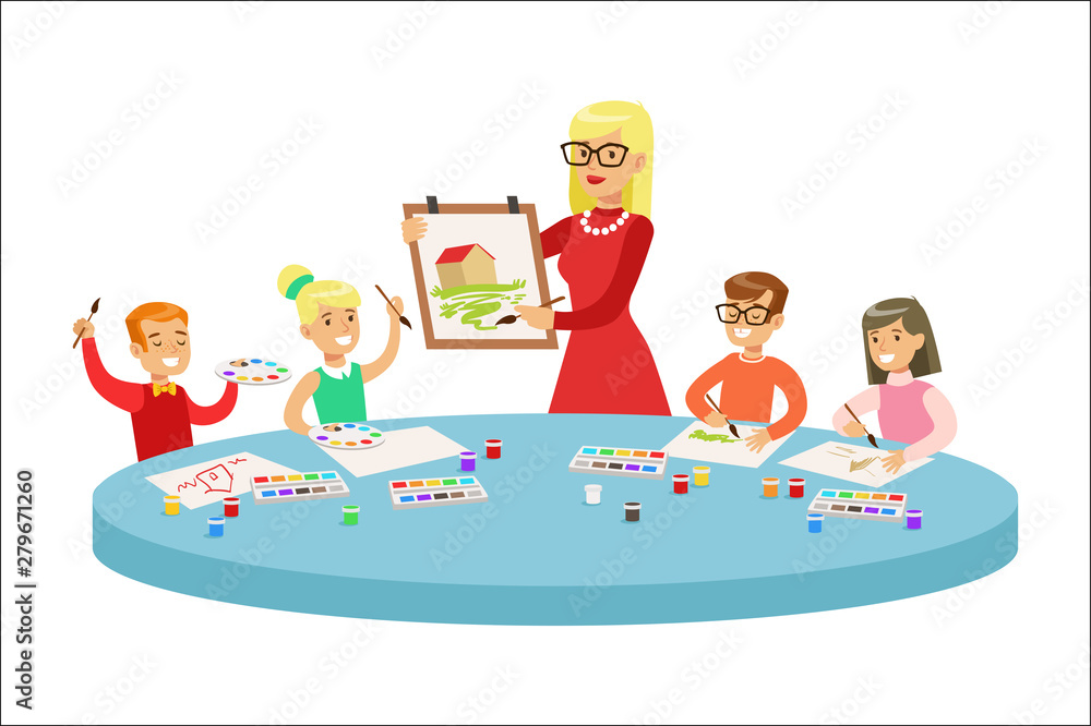 Children In Art Class Two Cartoon Illustrations With Elementary School Kids And Their Techer Crafting And Drawing In Creativity Lesson Children In Art Class Two Cartoon Illustrations With Elementary School Kids And Their Techer Crafting And Drawing In Creativity Lesson