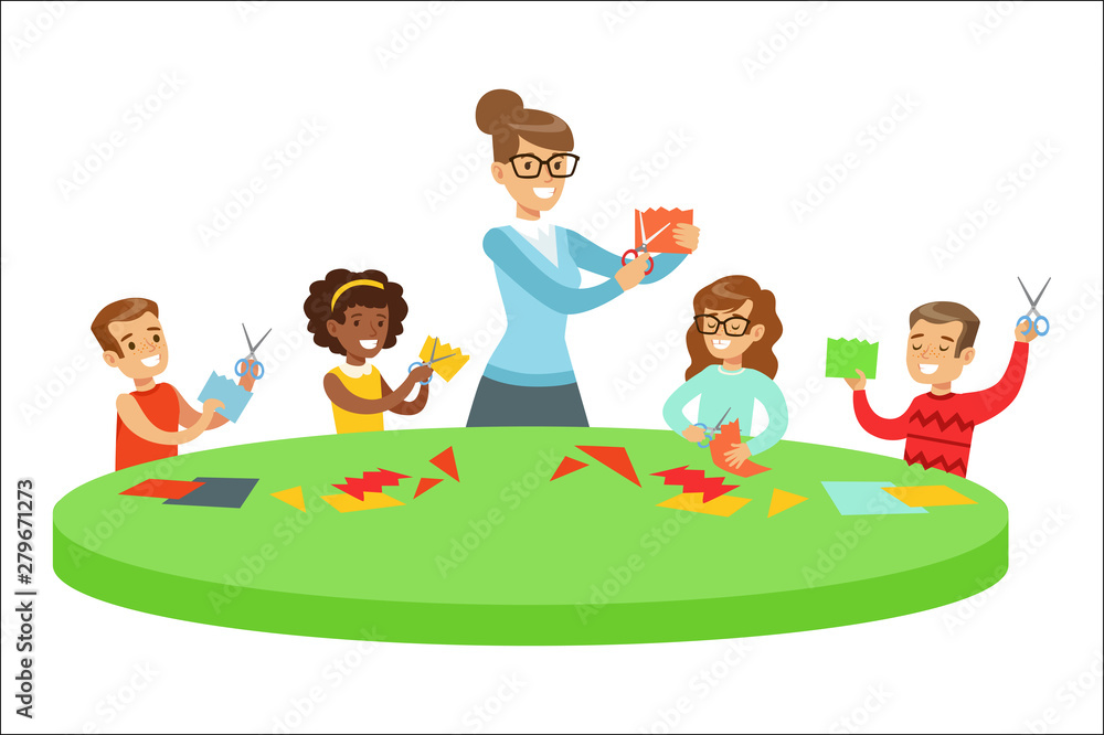 Children In Art Class Two Cartoon Illustrations With Elementary School Kids And Their Techer Crafting And Drawing In Creativity Lesson Children In Art Class Two Cartoon Illustrations With Elementary School Kids And Their Techer Crafting And Drawing In Creativity Lesson