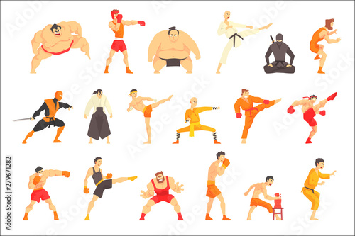Martial Arts Fighters Demonstrating Different Technique Kicks Set Of Asian Fighting Sports Professional In Traditional Outfits Sportive Clothing