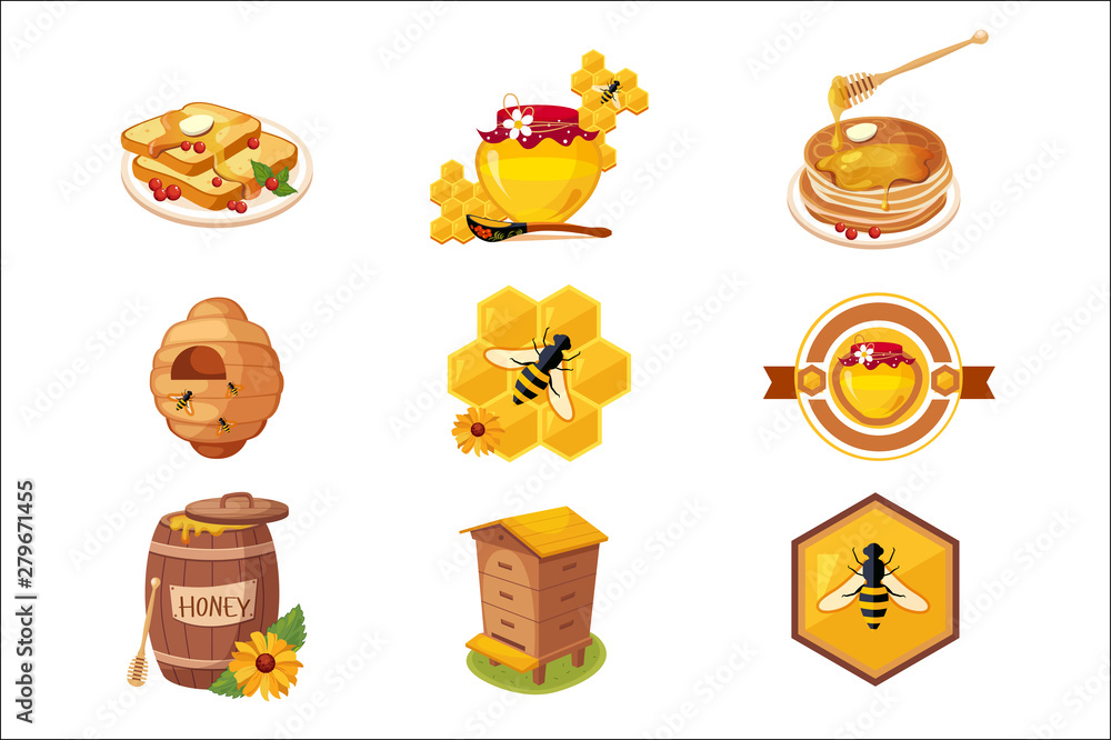 Honey And Related Food Label Set Of Illustrations