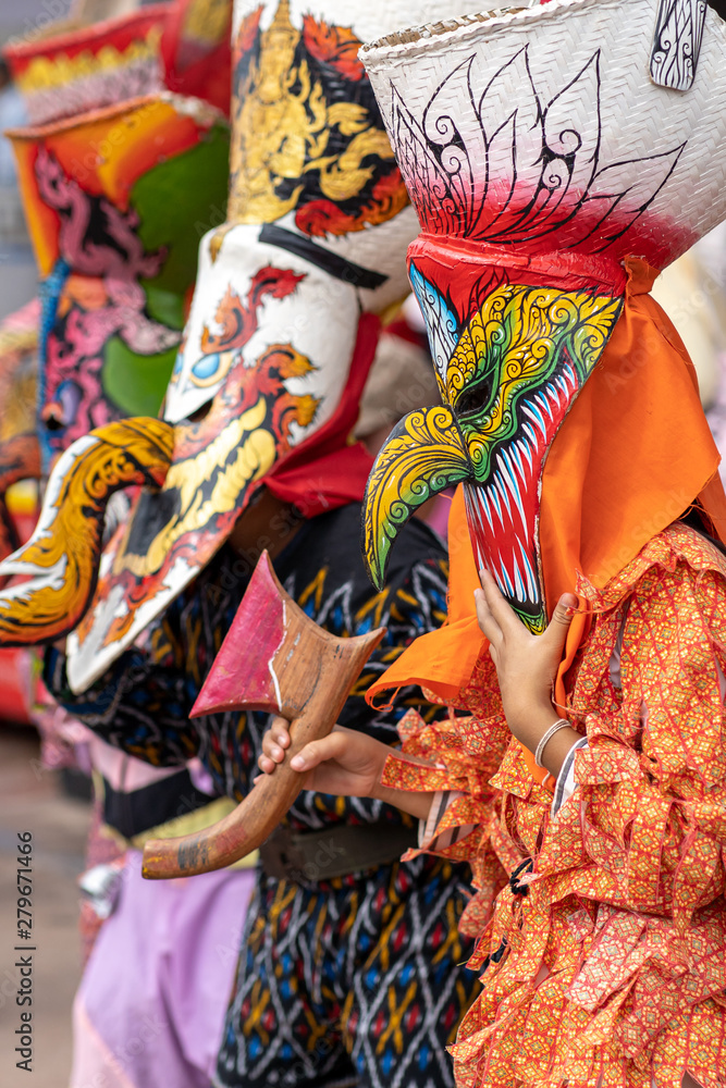 LOEI, THAILAND - JULY 6, 2019 :  Phi Ta Khon Festival on JULY in Loei, Thailand. Young people dress in spirit and wear a mask, Ghost Festival in Dan Sai vilage, LOEI in Thailand ..