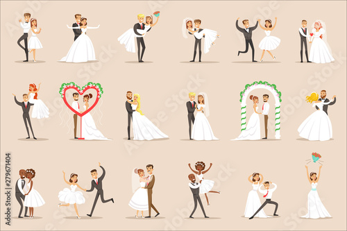 Newlyweds Posing And Dancing On The Wedding Party Set Of Scenes