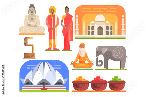 Famous Touristic Attractions To See In India. Traditional Tourism Symbols Of Indian Culture Including Clothing, Architecture And Religious Habits