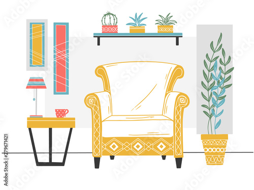 Chair, table with mug. Shelf with books and plants. Hand drawn vector illustration