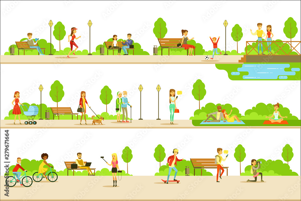 Fototapeta premium People Different Activities Outdoors Set Of Illustrations