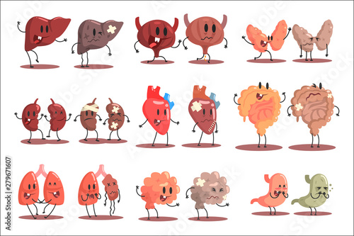 Human Internal Organs Healthy Vs Unhealthy Set Of Medical Anatomic Funny Cartoon Character Pairs Organism Parts In Comparison Happy Against Sick And Damaged