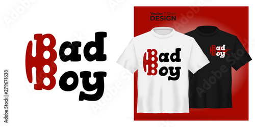 Vector Unisex t-shirt mock up set with Bad boy stylized icon with red brass knuckles. 3d realistic shirt template with extreme type. Black and white tee mockup, front view design with grunge print