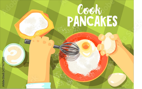 Pancakes Cooking Bright Color Illustration.Hands Working On Food Preparation View From Above Drawing. Flat Cartoon Style Vector Image