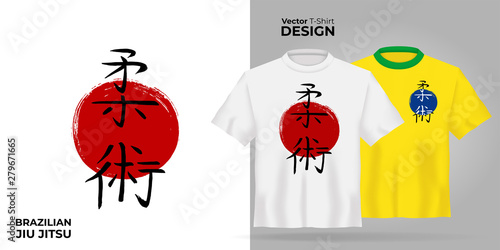 Unisex t-shirt mock up set with japanese hierogliph - brazilian jiu jitsu. 3d realistic shirt template. Yellow and white tee mockup, front view design japan martial bjj art print. - Vector