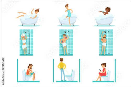 People In The Bathroom Doing Their Routine Hygiene Procedures, Taking Bath, Shower And Using Toilet