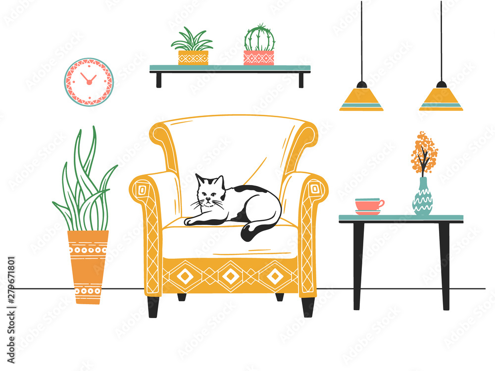 Fototapeta premium Scandinavian style interior. Furniture and various interior items. Armchair, cat on the chair.