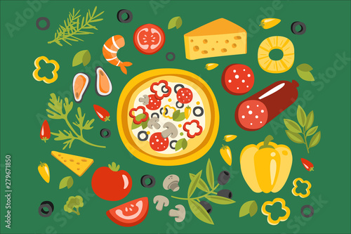 Pizza Surrounded With Different Ingredients For It, Italian Cuisine Dish Preparation And Cooking Illustration