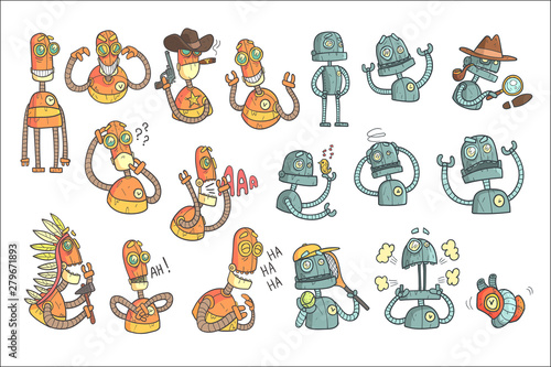 Orange Robot Set Of Cartoon Outlines Portraits