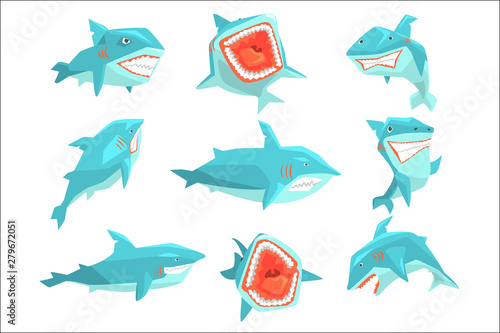 Great White Shark Marine Fish Living In Warm Sea Waters Realistic Cartoon Character Vector Set Of Different Views Illustrations