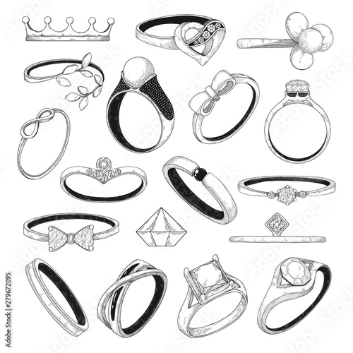 Hand drawn set of different jewelry rings. Vector illustration