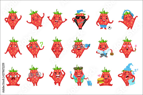 Geometric Strawberry Character Funny Emoticons. Childish Graphic Cartoon Stickers Isolated On White Background With Humanized Berry