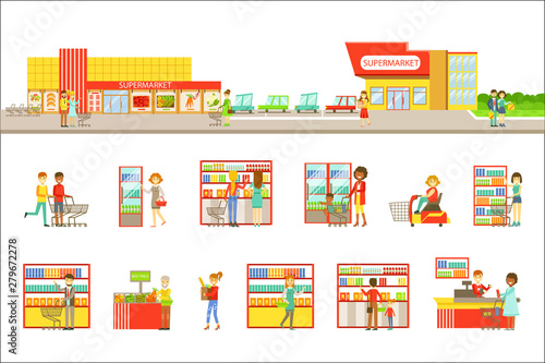 Fototapeta Naklejka Na Ścianę i Meble -  Supermarket Exterior And People Shopping Set Of Illustrations