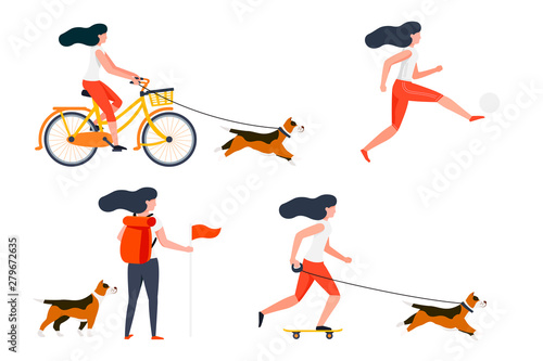 Vector summer sport activities set - bicycle riding, hiking, football playing, rolling girl with dog. Isolated on white background.