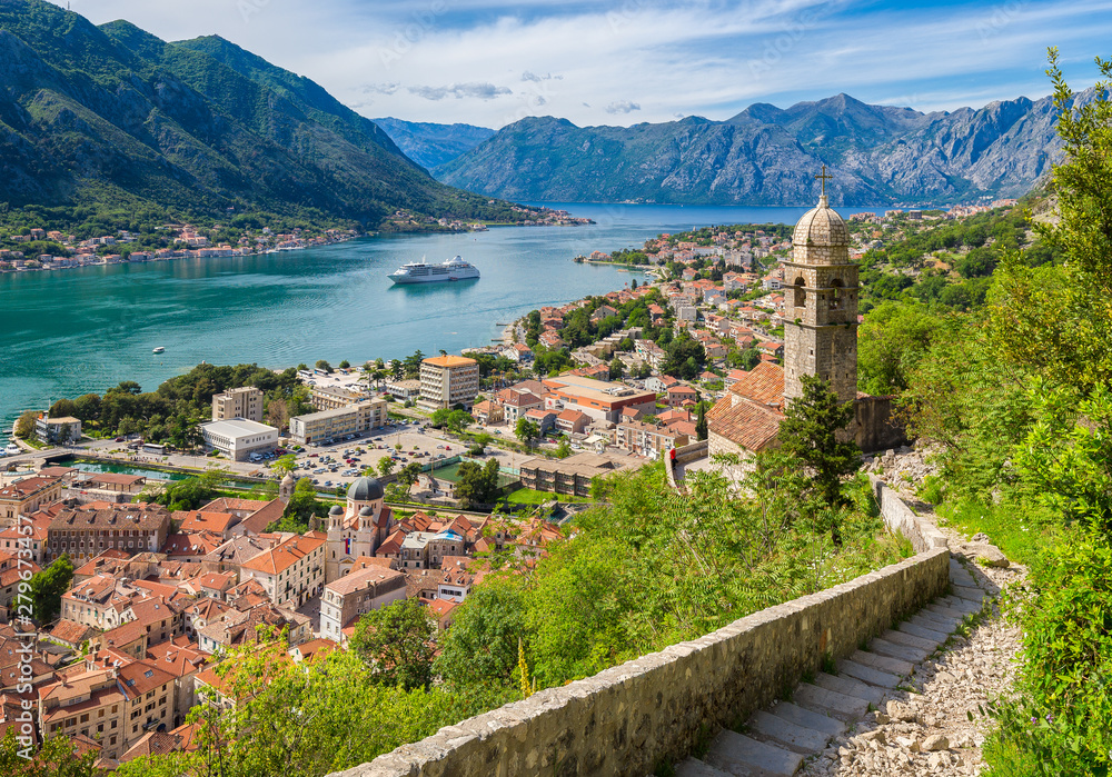 Historic town of Kotor with Bay of Kotor in summer, Montenegro
