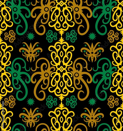 Seamless pattern of dayak batik. borneo motif style. luxury yellow color. vector design inspiration. green