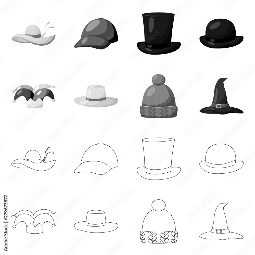 Isolated object of clothing and cap sign. Collection of clothing and beret stock symbol for web. Isolated object of clothing and cap sign. Collection of clothing and beret stock symbol for web.