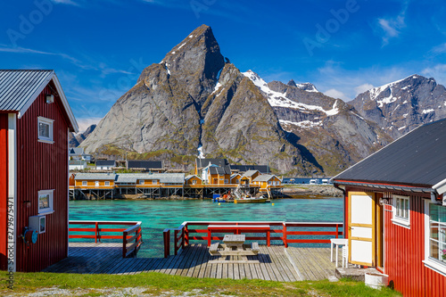 Hamnoy Village on Lofoten Islands,  Norway. The Typical Norwegian fishing village on Reinefjord,  With Rorbu Houses. photo