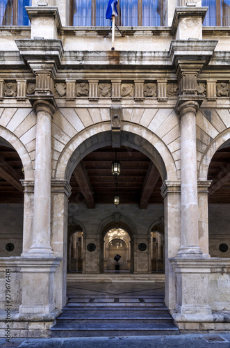 Heraklion, Crete Island / Greece. The entrance at the facade of the Venetian Loggia building in the center of Heraklion city. Lions Square