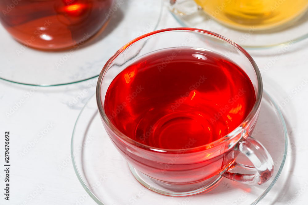 assortment of tea in glass cups, top view closeup assortment of tea in glass cups, top view closeup