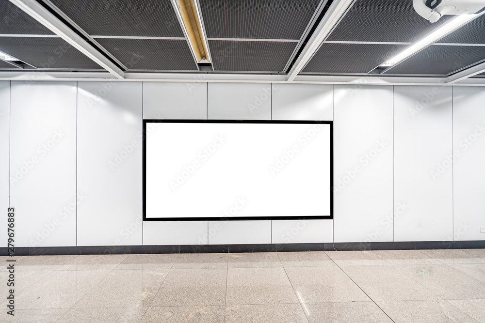 Blank advertising display in subway station underpass public area Blank advertising display in subway station underpass public area