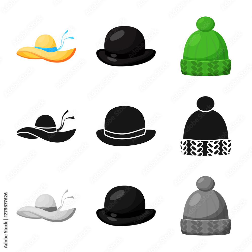 Vector illustration of clothing and cap symbol. Collection of clothing and beret vector icon for stock. Vector illustration of clothing and cap symbol. Collection of clothing and beret vector icon for stock.