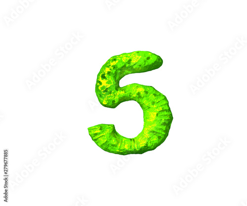 number 5 in monstrous style isolated on white background - lime jelly alphabet, 3D illustration of symbols