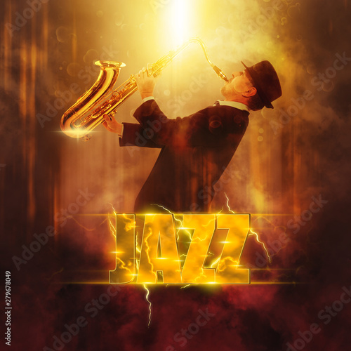 Photography Jazz party poster.  Man playing on saxophone