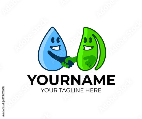 Cartoon characters water drop and leaf, logo design. Agriculture and irrigation system, watering plant, vector design and illustration