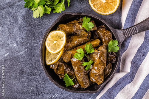Dolma, stuffed grape leaves with rice and meat.