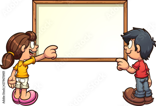 Cartoon kids back view pointing at empty white board clip art. Vector illustration with simple gradients. White board and kids on separate layers. 