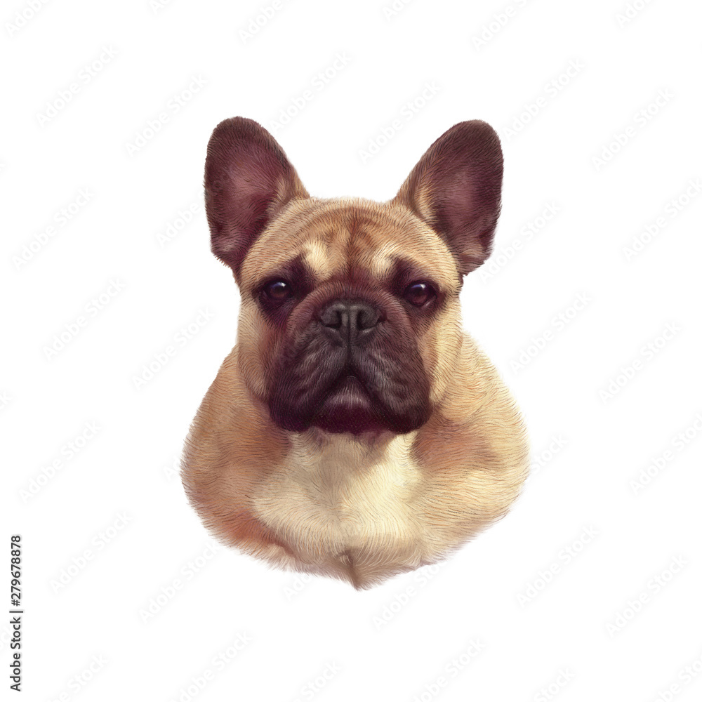 French bulldog isolated on white background. Realistic Portrait of a Boxer dog. Hand Painted Illustration of Pets. Watercolor Animal collection: Dogs. Good for print of t shirt, pillow. Art background