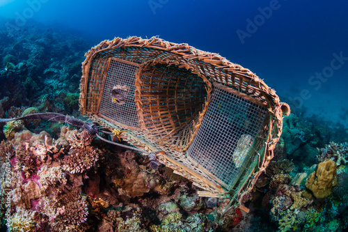 An abandoned underwater fish trap resting on corals on a tropical reef in Asia