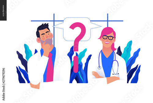 Medical insurance template -second opinion on a matter -modern flat vector concept digital illustration of two doctors and a question mark, second medical opinion metaphor, medical insurance plan