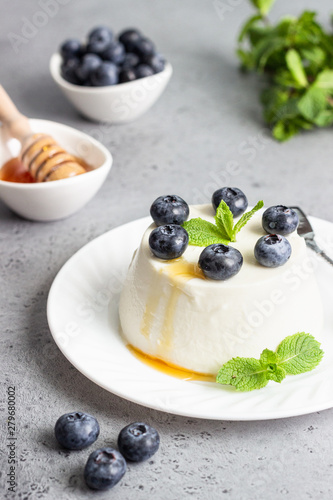 Italian ricotta cheese on a white plate with fresh blueberries, mint and honey on grey background. Selective focus, copy space. 